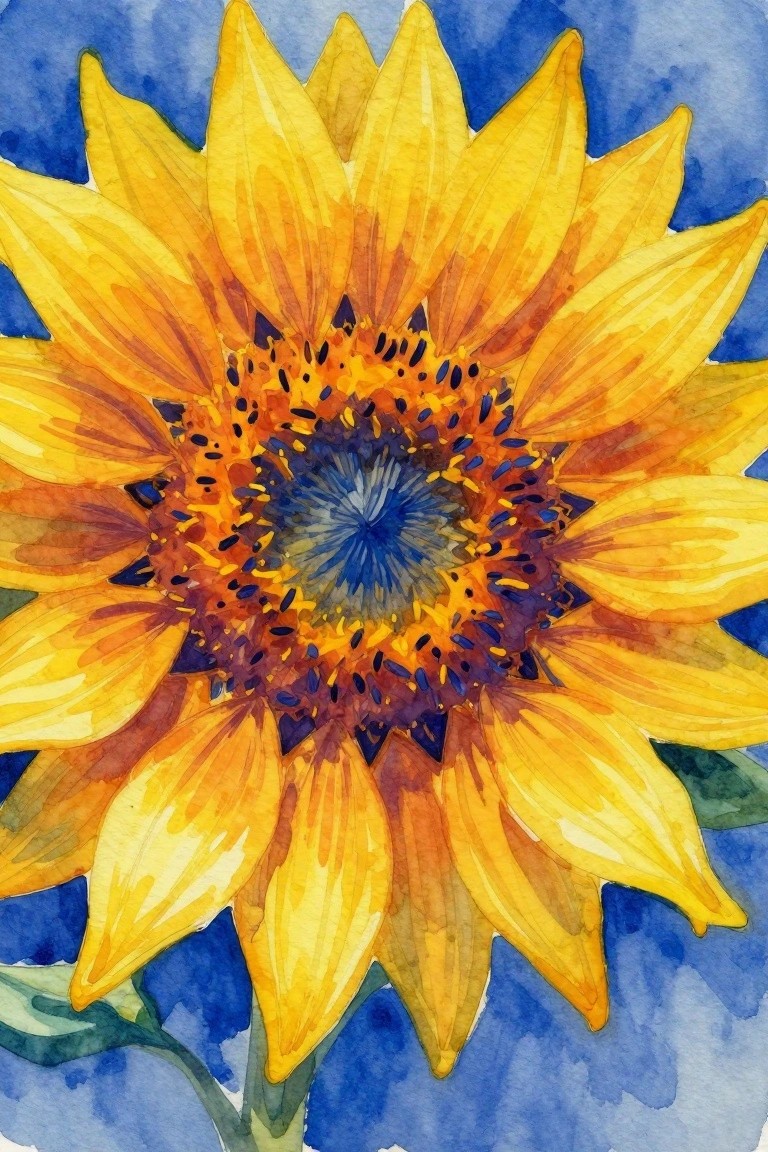 Vibrant yellow sunflower with blue-orange center against blue watercolor background