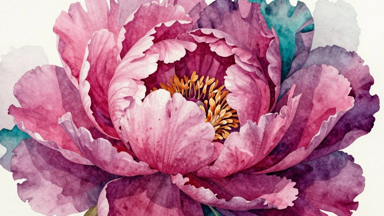 A close-up watercolor painting of a large pink and magenta flower with an orange center and teal leaves at the base.