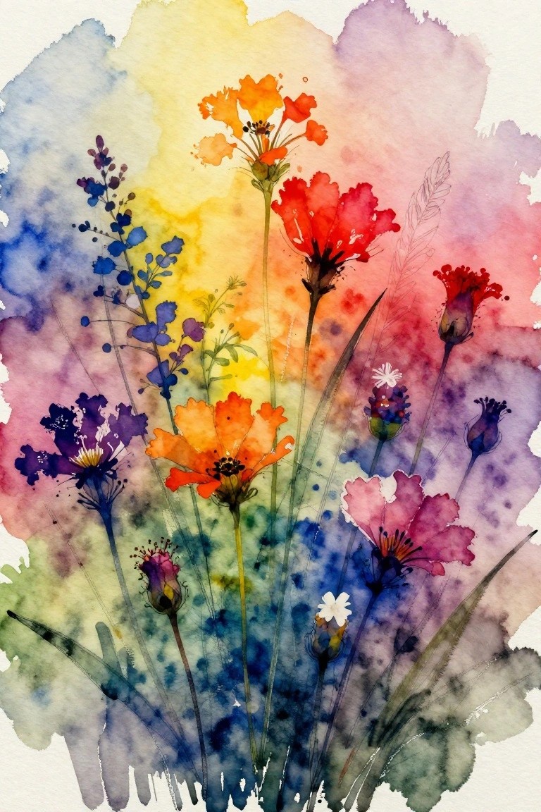 Vibrant watercolor wildflowers in orange, red, purple, and blue with rainbow splashes