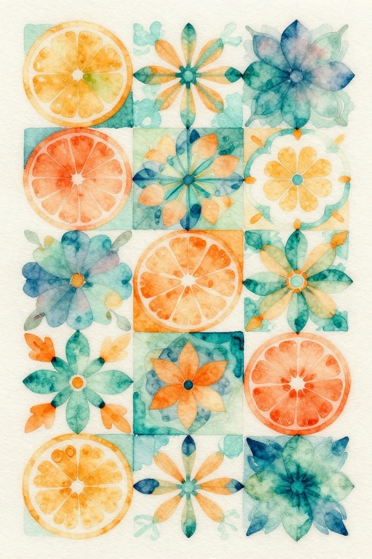 A grid of twelve watercolor squares alternating between orange and lemon slices and teal or yellow stylized flowers.