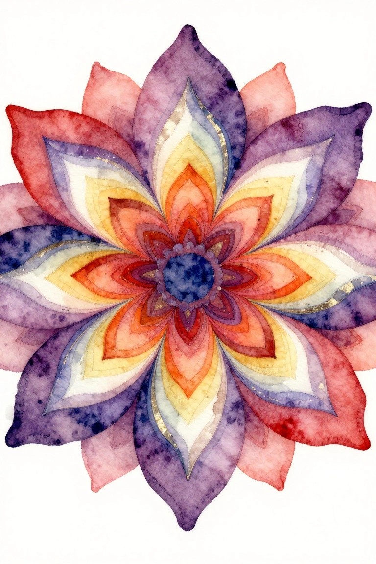 Vibrant watercolor mandala flower with layered rainbow petals and gold accents