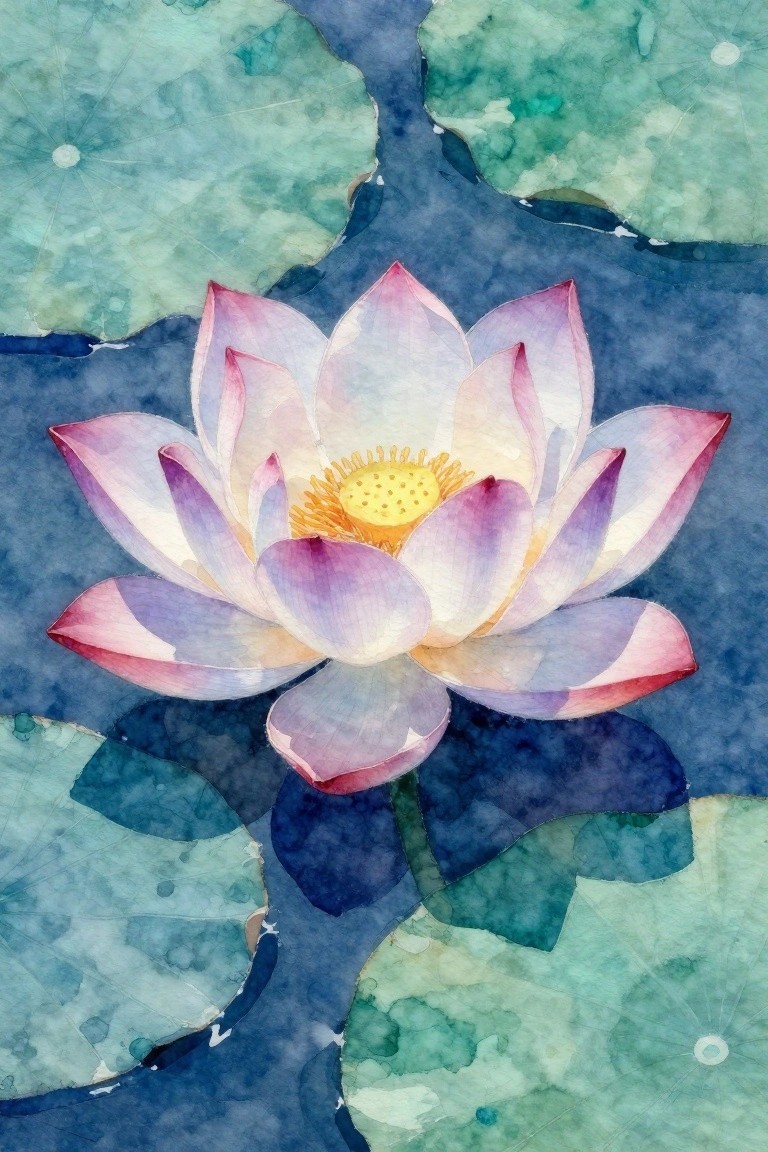 Pink watercolor lotus flower with yellow center amid green lily pads on blue water.