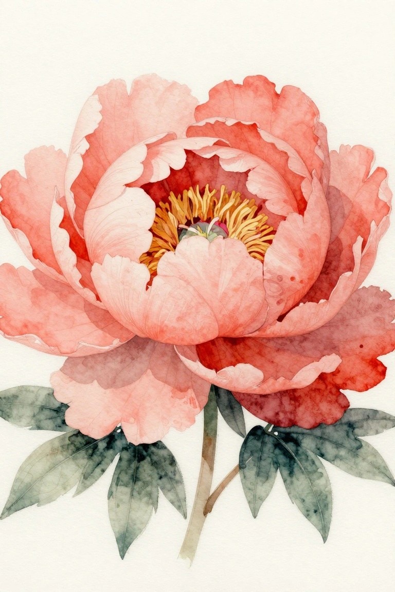 Watercolor peony in soft pink and red petals with yellow stamens and green leaves