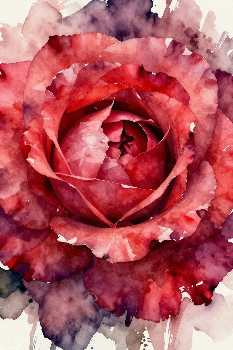 Watercolor rose in deep reds and purples with layered petals and paint splatters.
