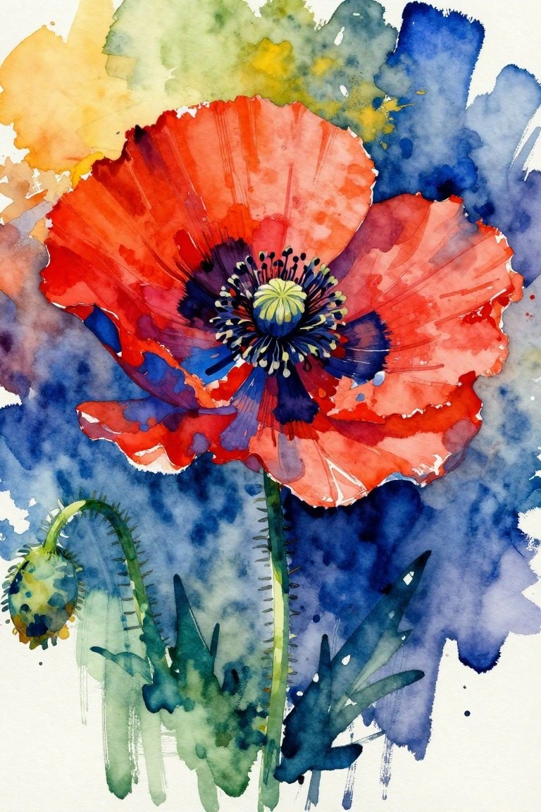 A watercolor painting of a large red poppy flower with blue and green background washes, a stem, leaves, and a small bud.