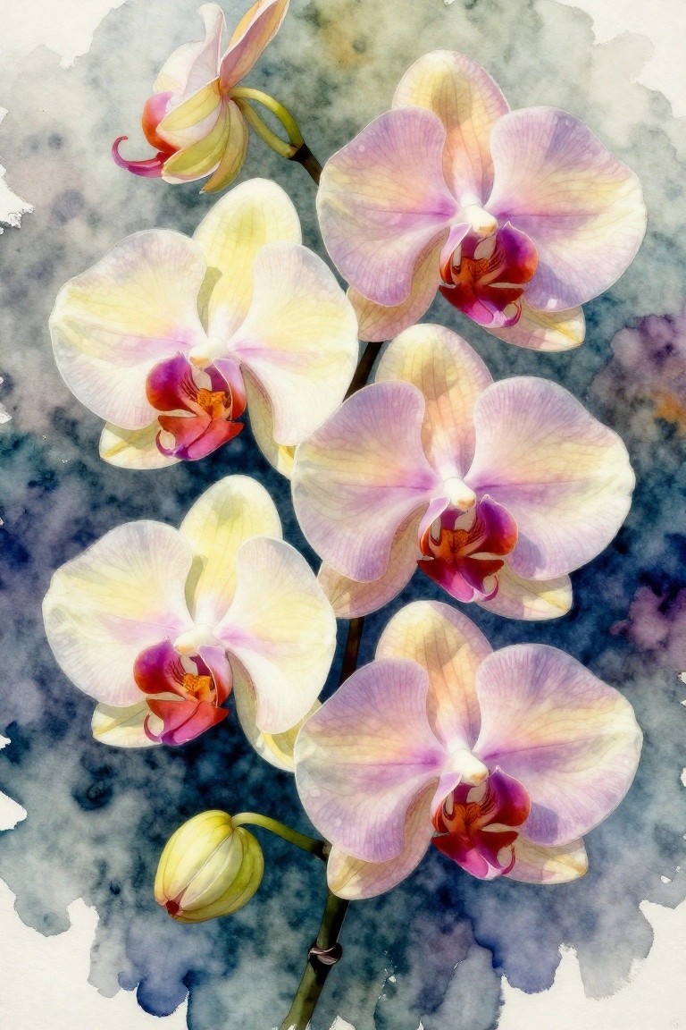 Watercolor orchids in soft yellow, pink, and purple tones on dark abstract background