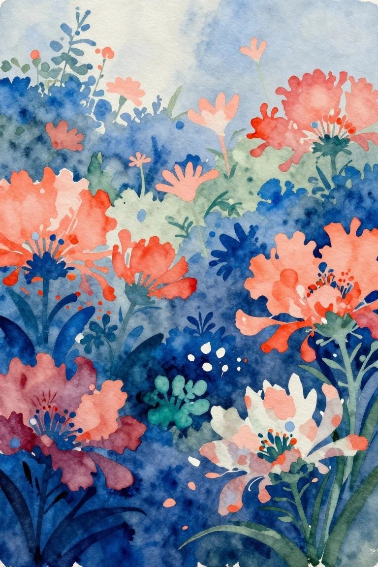 Vibrant watercolor flowers in coral, blue, and white with green foliage