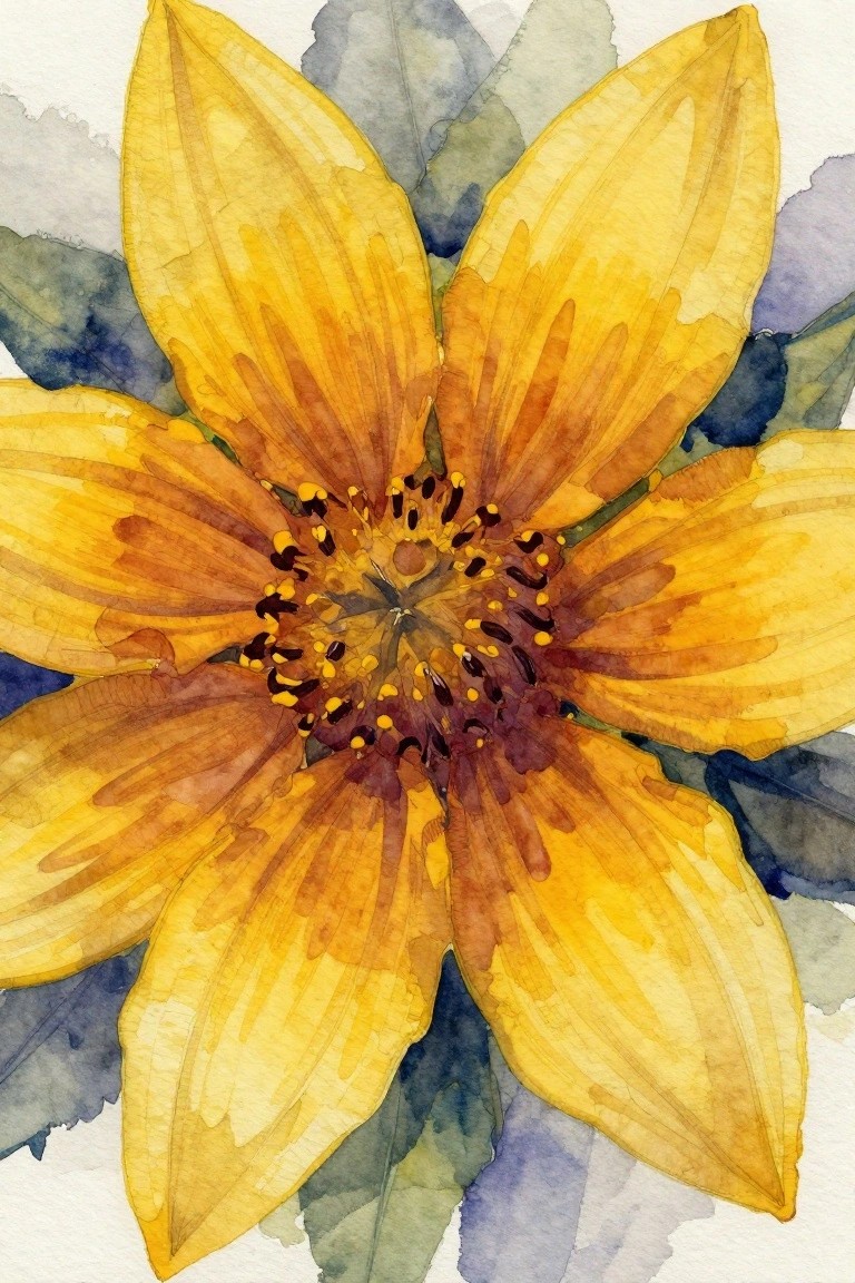 Watercolor sunflower with bright yellow petals, orange tones, and dark center amid blue-green leaves
