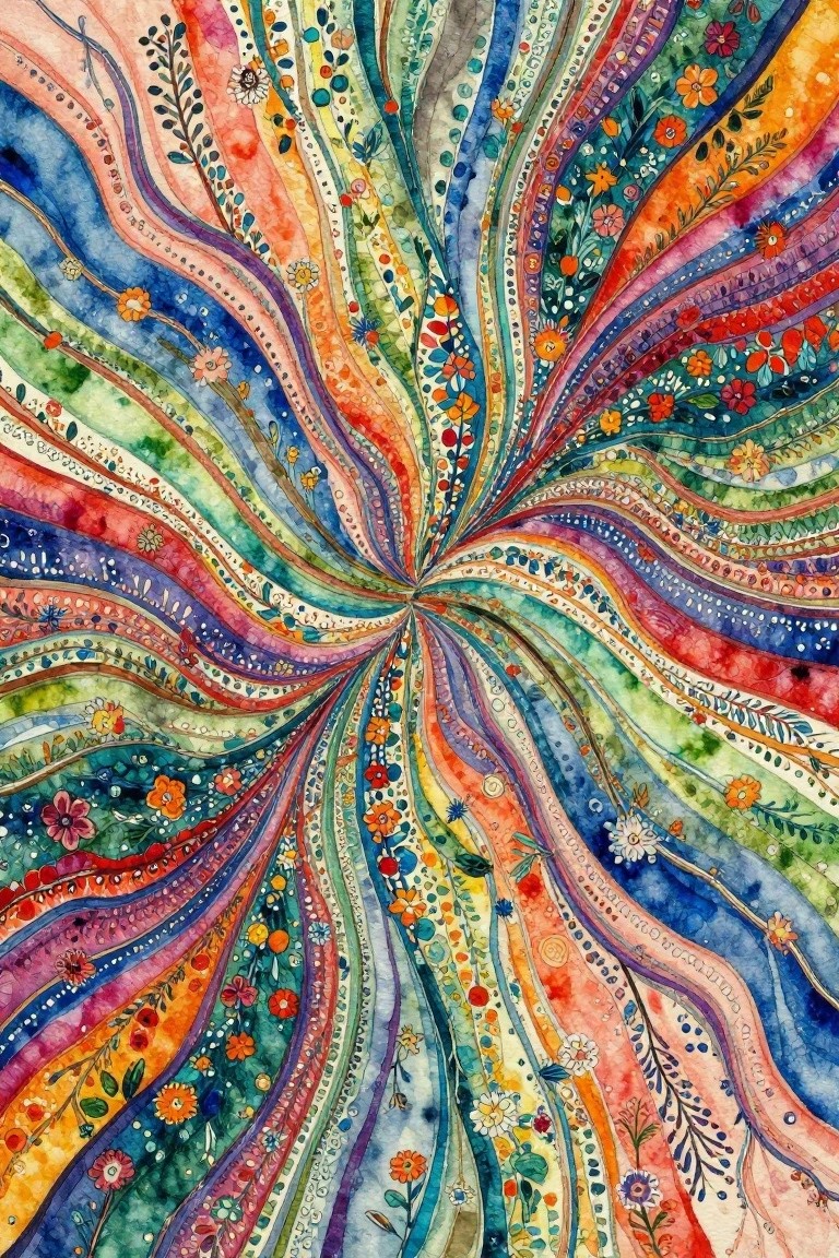 Vibrant watercolor swirls radiating outward with colorful flowers and intricate patterns