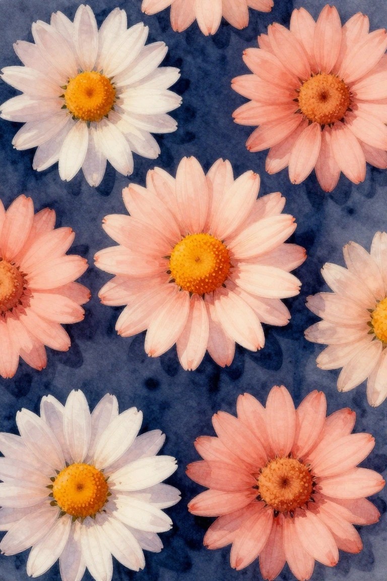 Pink and white daisies with yellow centers on dark blue watercolor background