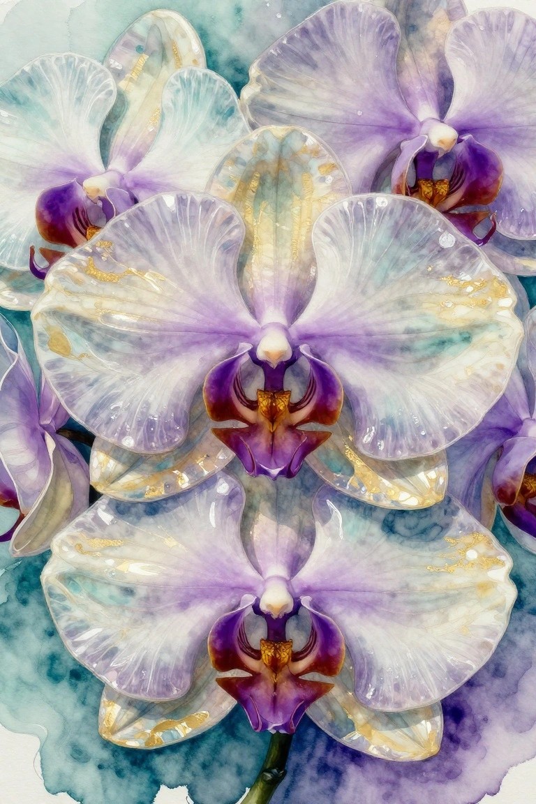 Purple and white orchids with gold accents in watercolor style
