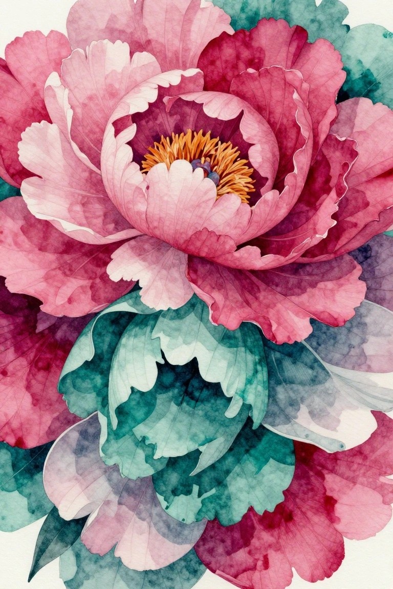 A close-up watercolor painting of a large pink and magenta flower with an orange center and teal leaves at the base.