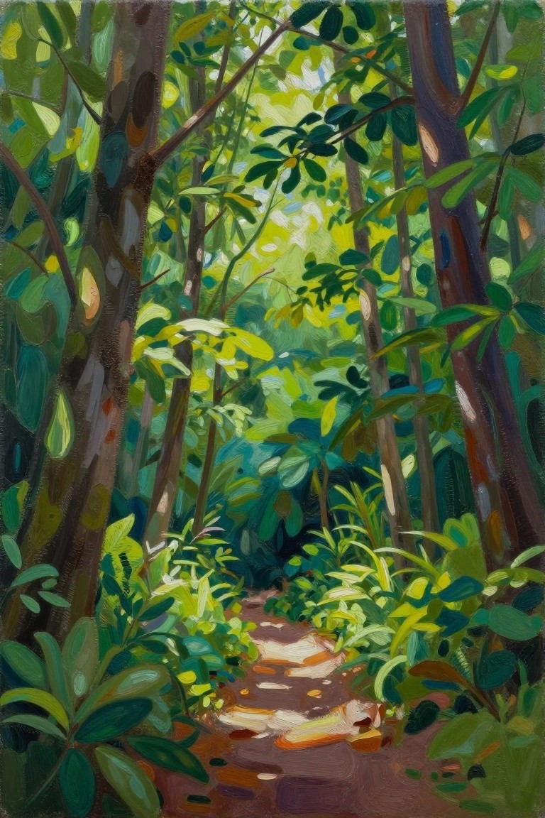 Winding dirt path through sunlit forest with lush green trees and foliage.