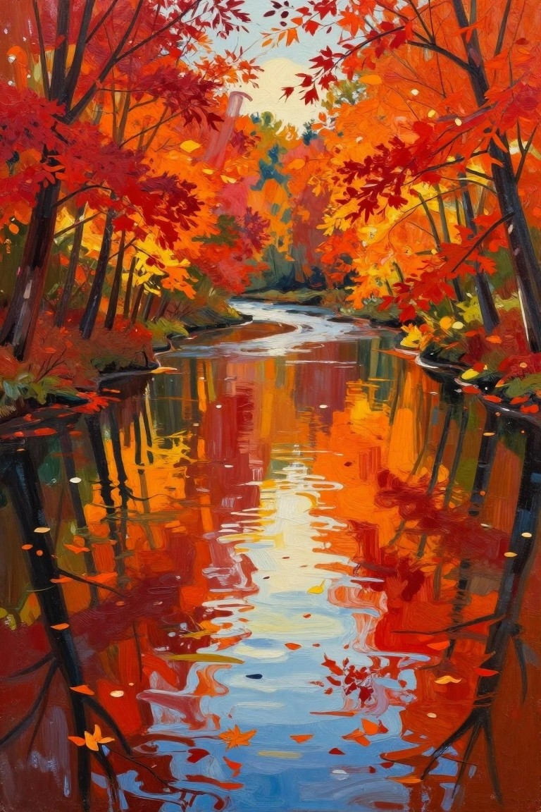 Vibrant autumn forest scene with red-orange trees reflected in a winding river.
