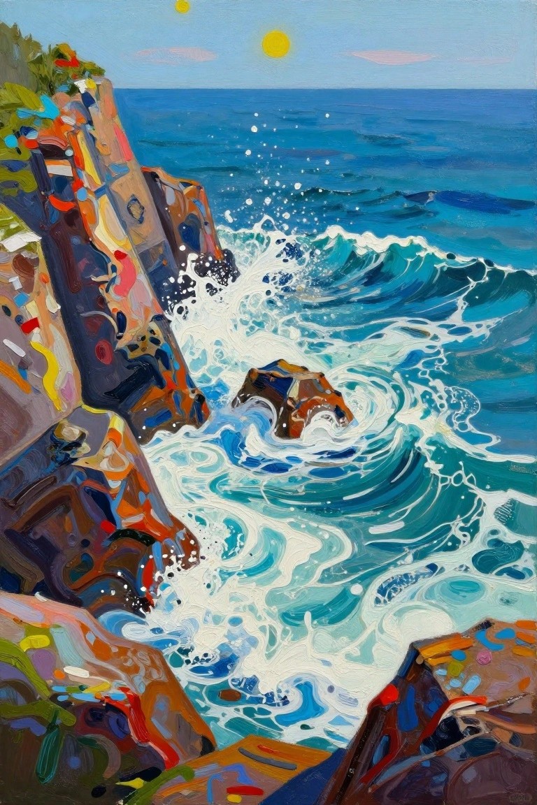 Vivid painting of turquoise waves crashing on multicolored cliffs under a bright sun.