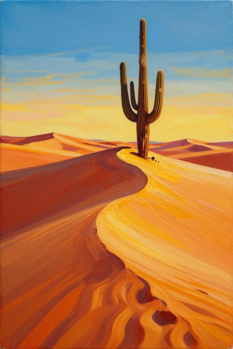Tall saguaro cactus on winding dune under vibrant desert sunset sky