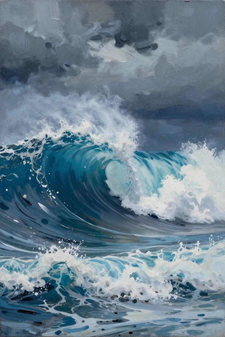 Crashing blue wave with white foam under dark stormy clouds in turbulent sea