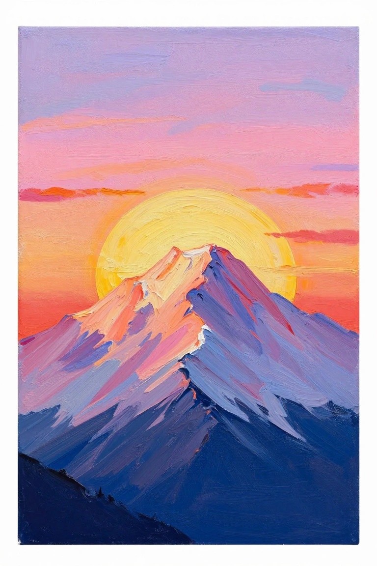 A painting shows two mountain peaks with a large yellow sun behind them under a pink and purple sky.