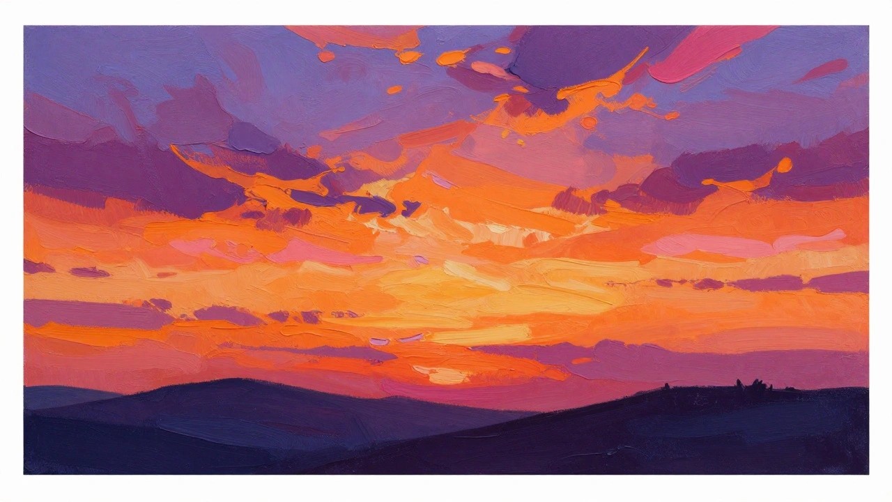 Vibrant abstract painting of rolling hills under a purple pink orange sunset sky.