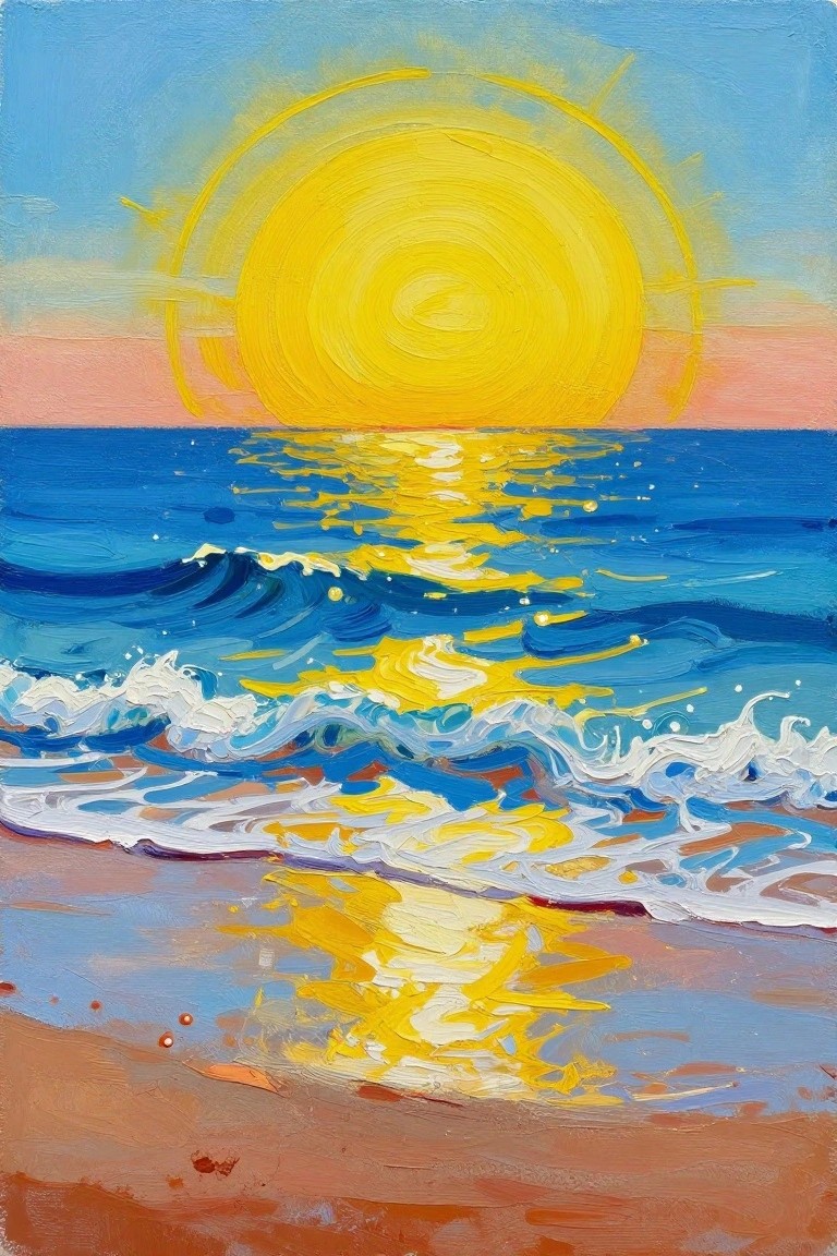 Vivid oil painting of yellow sun reflecting on blue waves crashing at sandy beach