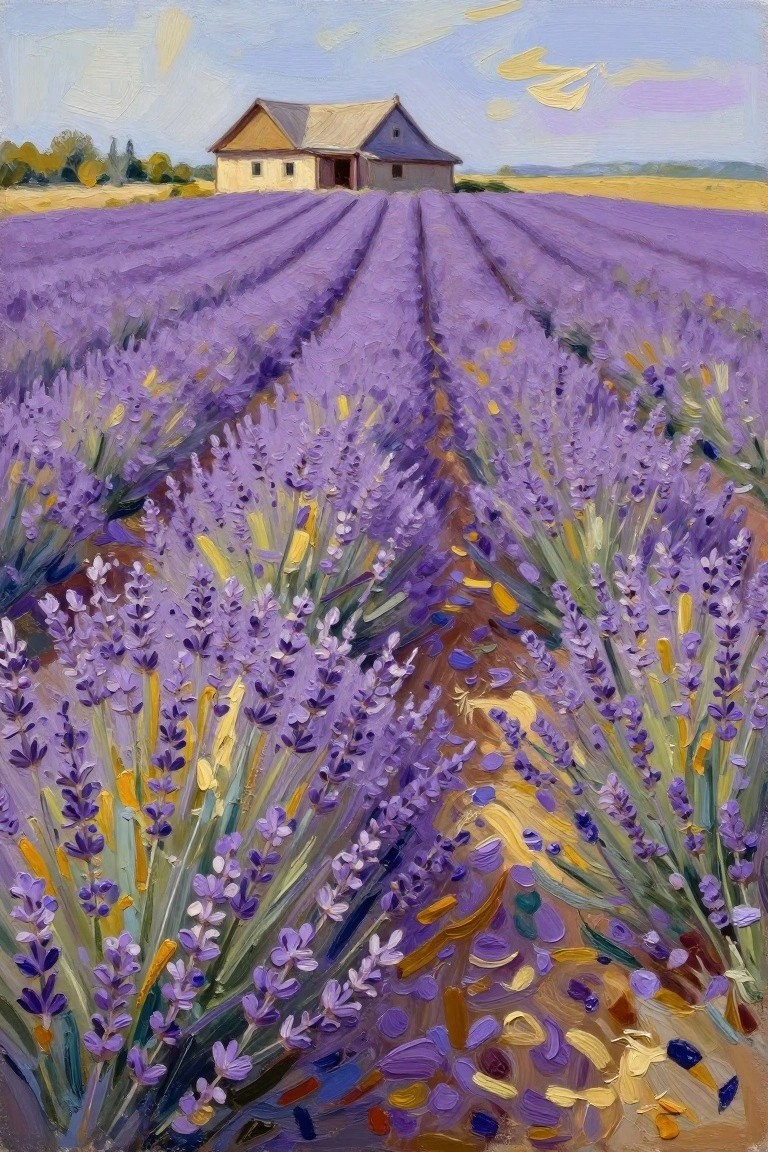 Vivid lavender rows with winding path lead to distant farmhouse under blue sky
