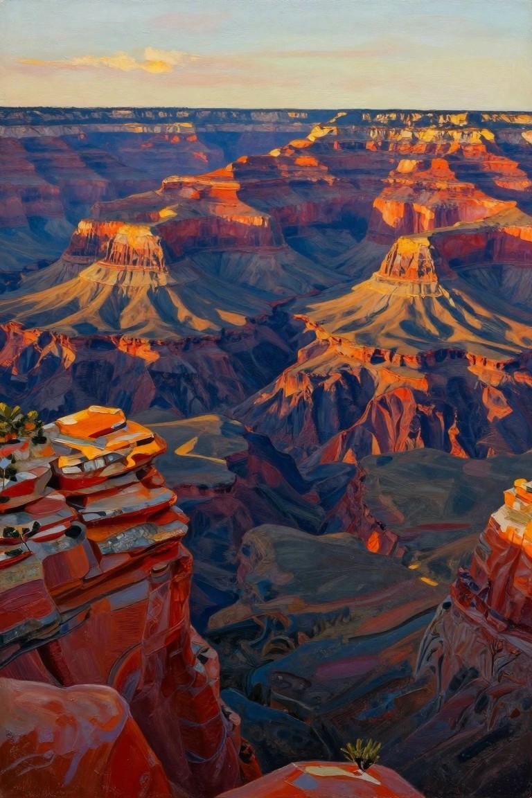 Sunlit Grand Canyon mesas with layered red cliffs glowing in golden light.