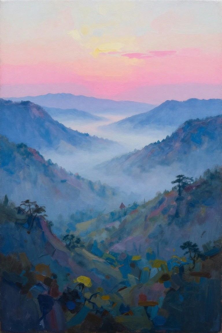Colorful impressionist painting of misty mountains under a pink sunset sky