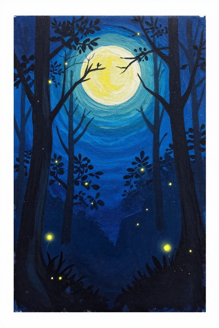 Moonlit forest painting with glowing yellow moon, dark trees, and fireflies