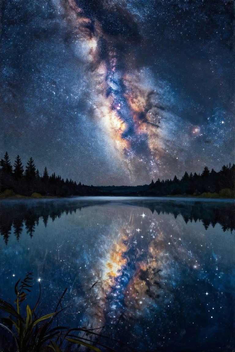 Milky Way galaxy reflected in calm lake beneath starry sky and pine trees