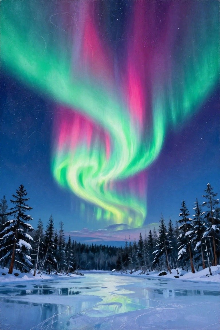 Vibrant green-pink aurora swirling over snowy pines and frozen river at night