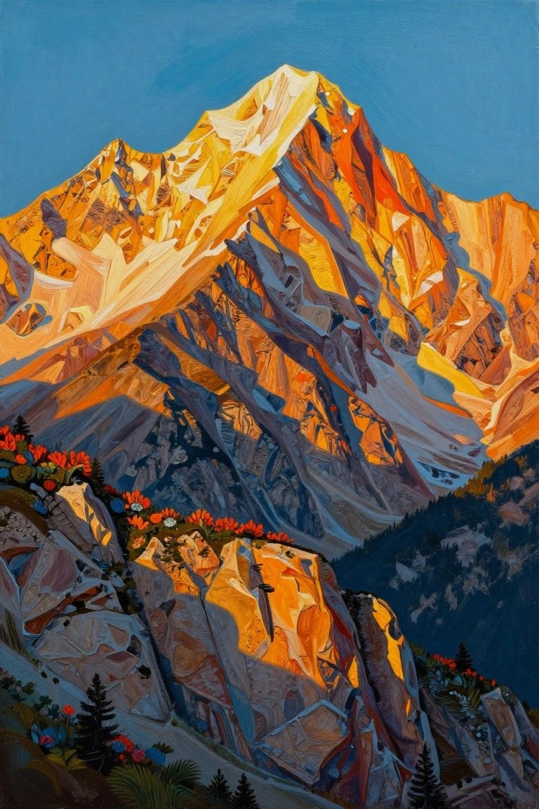 Vibrant painting of sunlit jagged peaks glowing orange above rocky slopes with wildflowers.