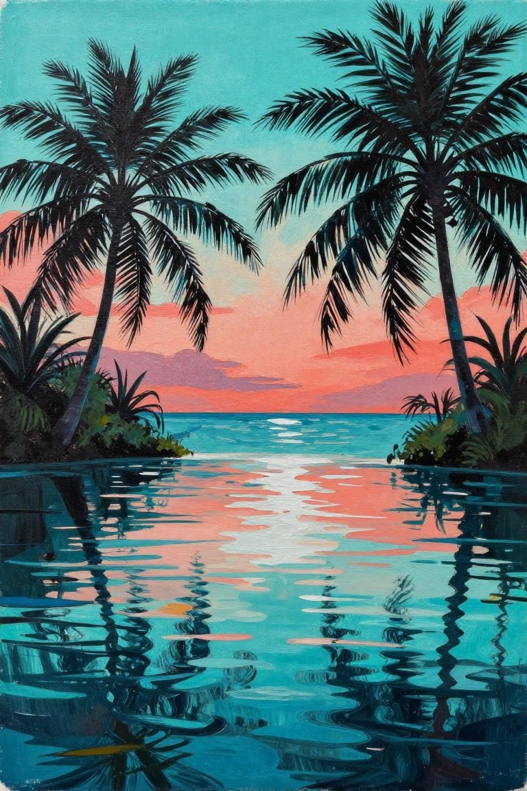 Silhouetted palm trees at pink sunset over reflecting turquoise infinity pool