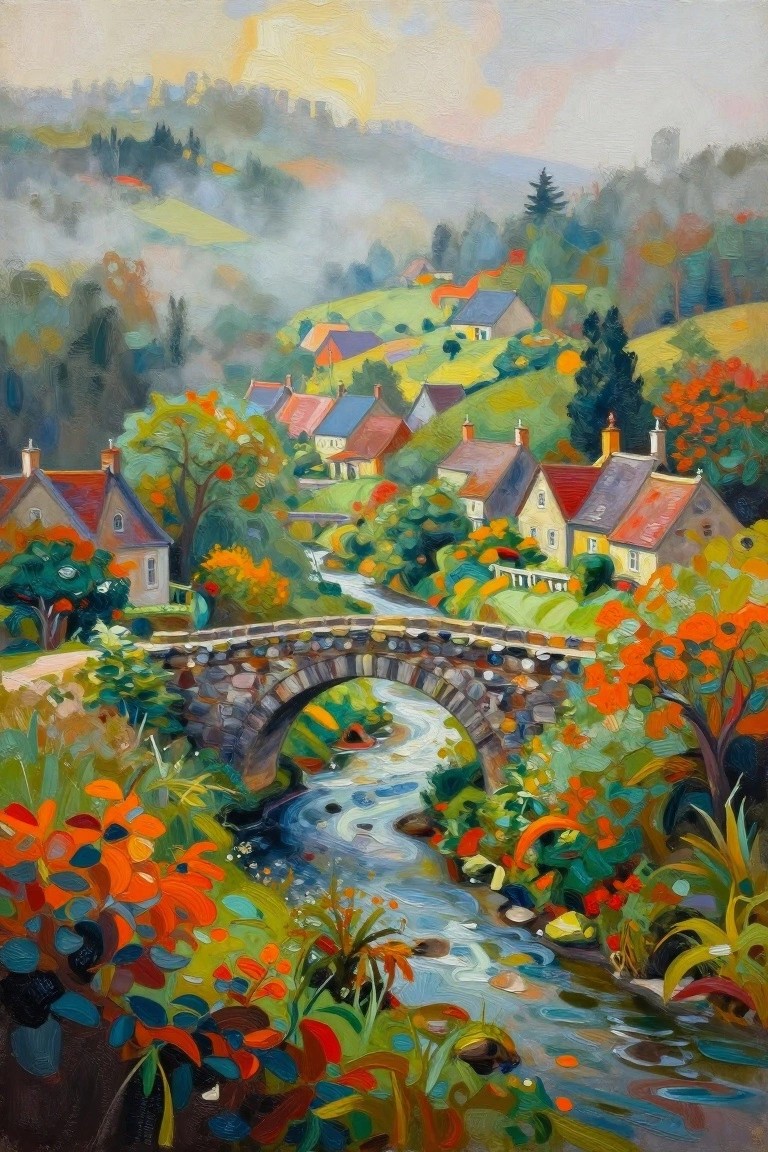 Colorful village with stone bridge over river amid vibrant autumn hills and trees.