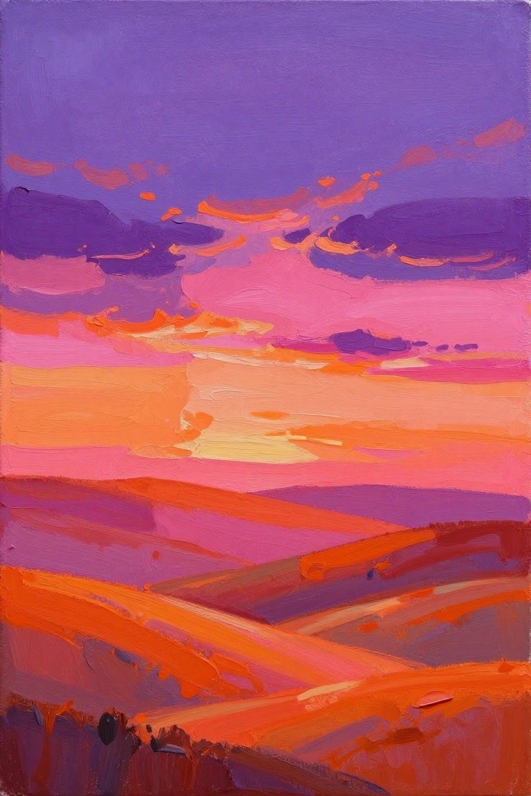 Vibrant abstract painting of rolling hills under a purple pink orange sunset sky.
