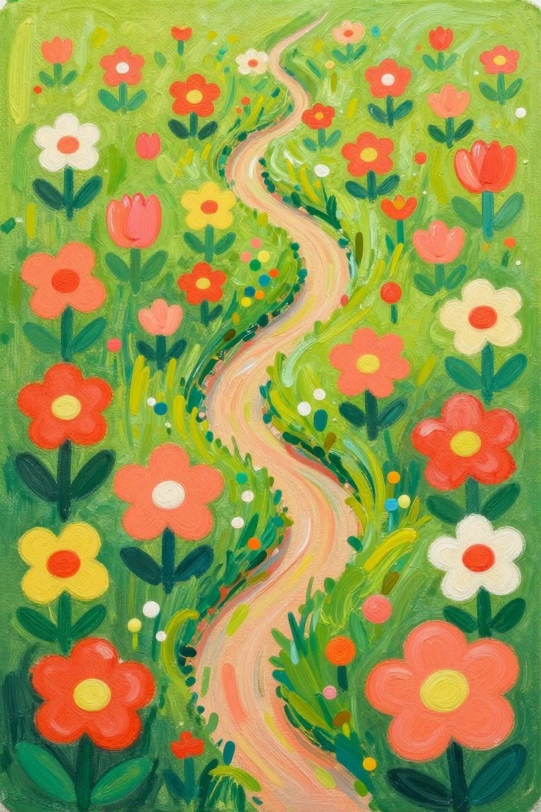 Winding path through lush meadow of vibrant colorful flowers in painted style