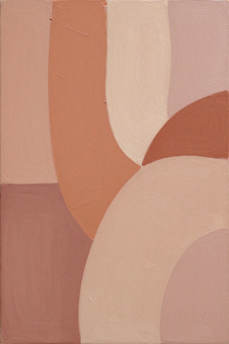 Abstract painting of overlapping curved shapes in warm terracotta, beige, and mauve tones.