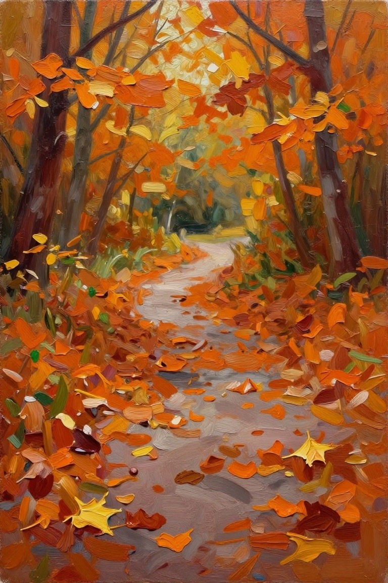 Impressionistic oil painting of autumn forest path blanketed in vibrant fallen leaves