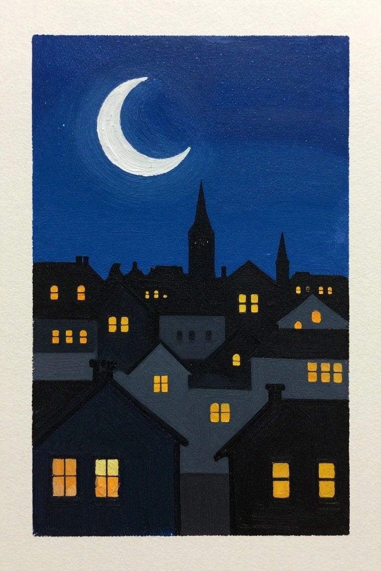 Crescent moon over dark town with glowing yellow windows in buildings