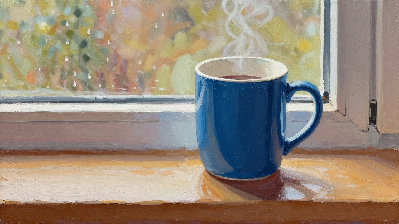 Steaming brown coffee mug on rainy windowsill with colorful blurred background