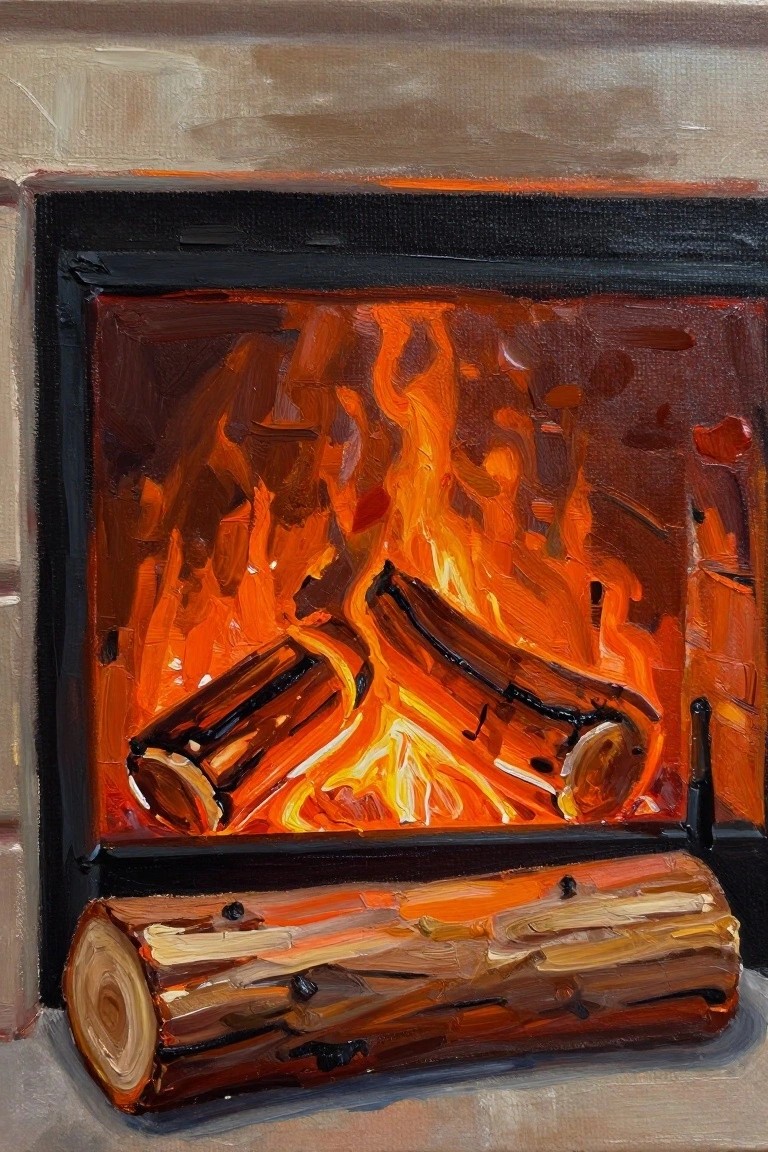 Oil painting of fireplace with bright orange flames and burning logs in front.