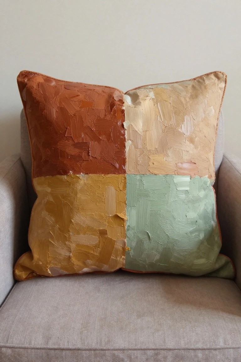 Thickly textured pillow in four painted color blocks on a gray armchair