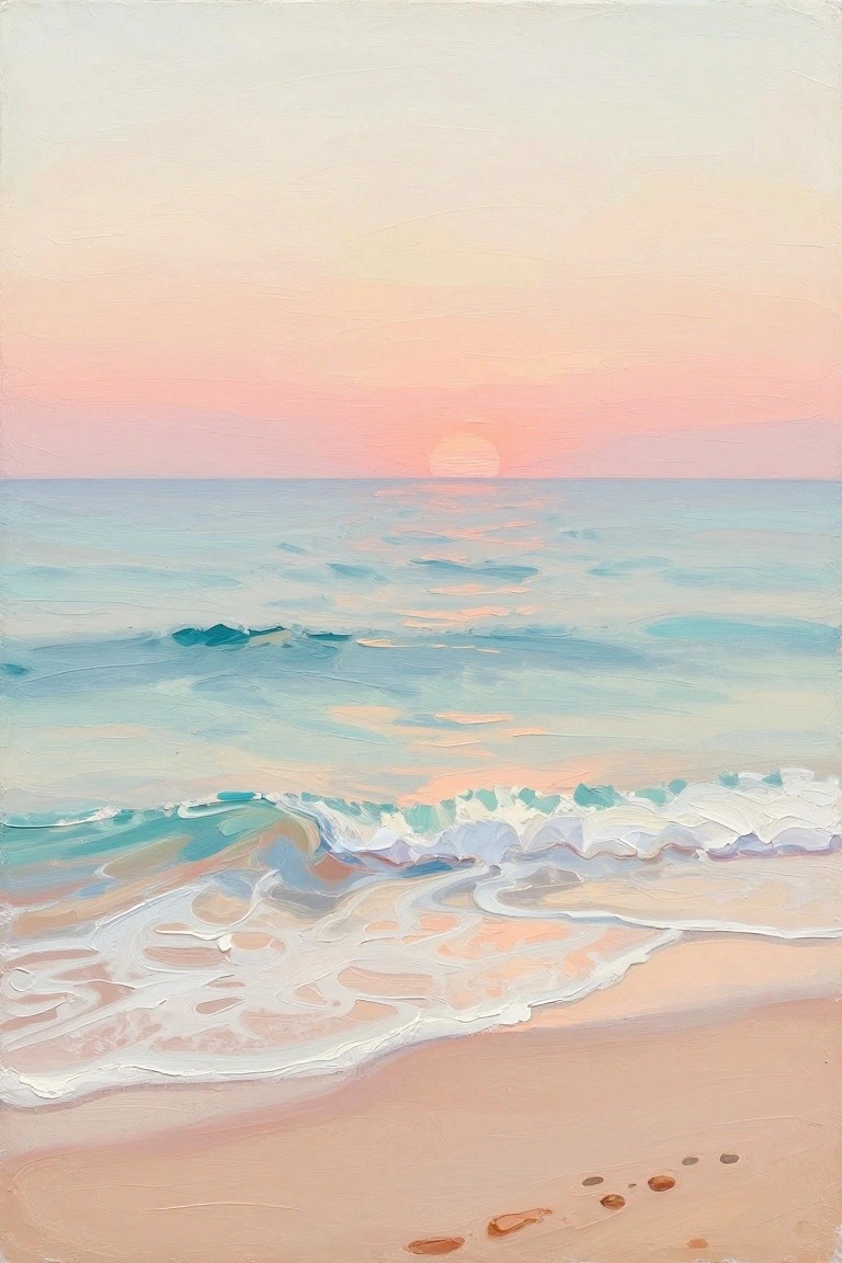 Ocean waves with white foam rolling onto sandy beach under pink sunset sky with footprints.