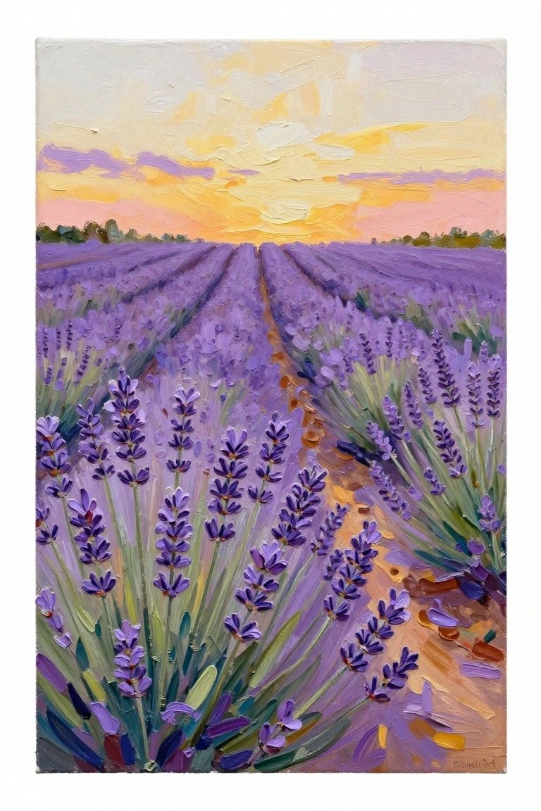 Vibrant oil painting of purple lavender rows under a colorful sunset sky.