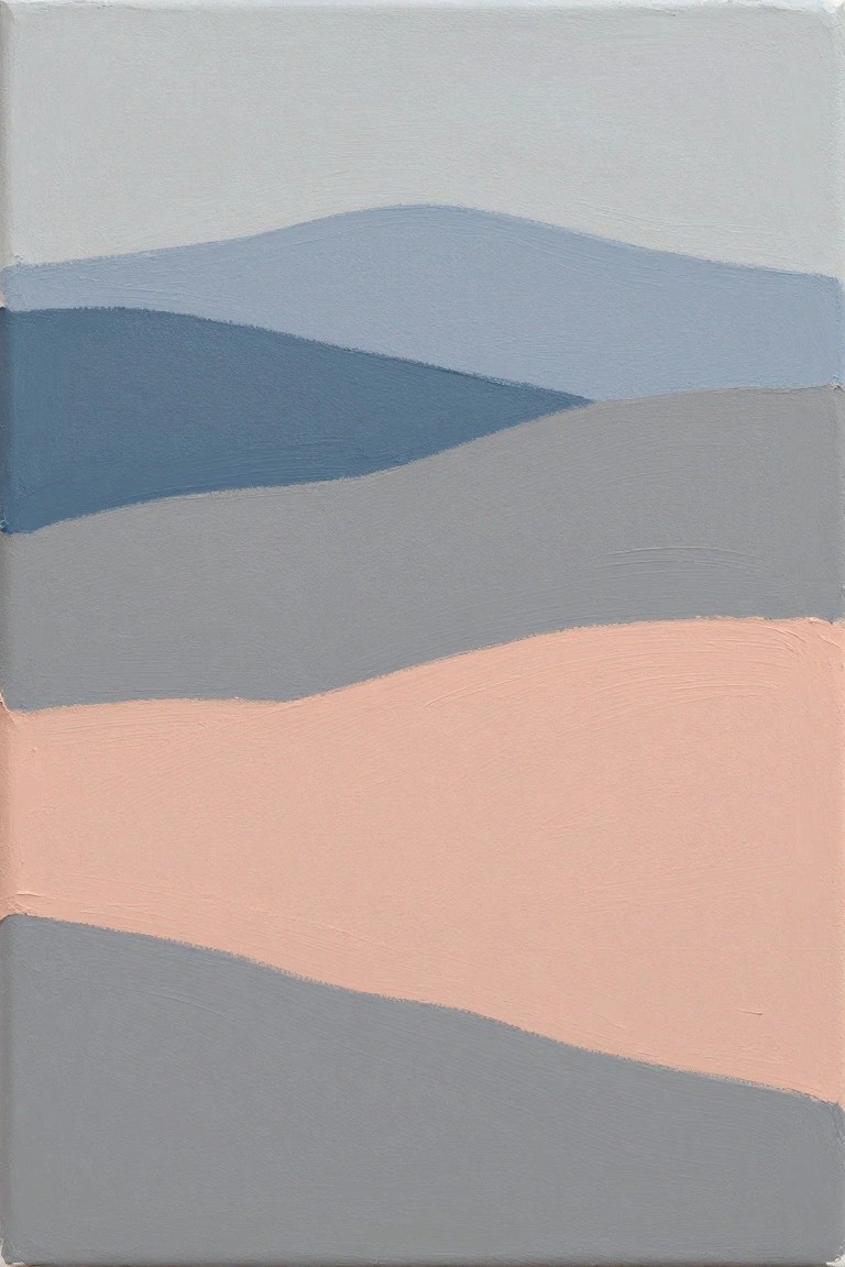 Abstract painting of wavy horizontal bands in soft blue, gray, and peach.