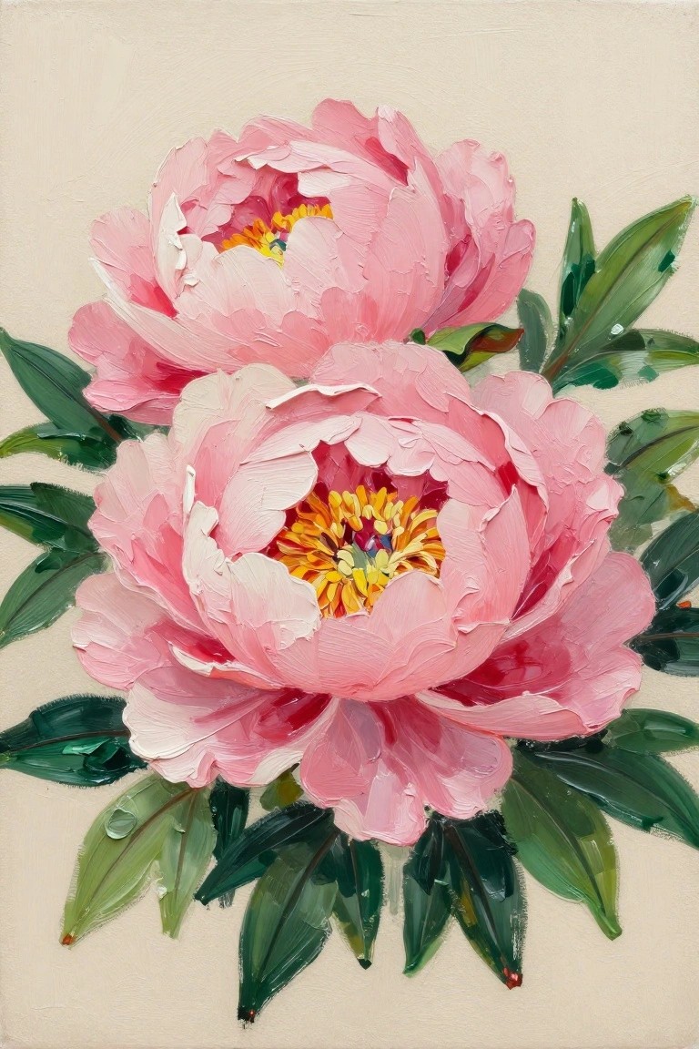 Two blooming pink peonies with yellow centers and green leaves in impasto style.