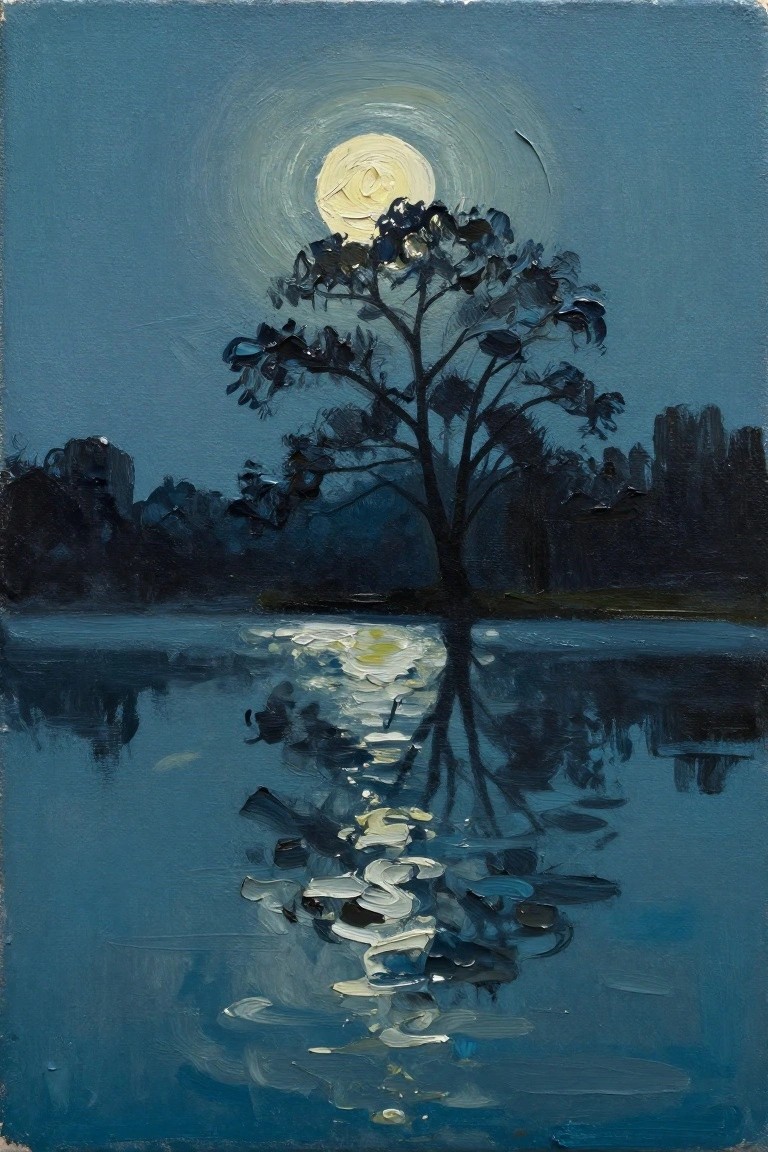 Moonlit tree silhouetted against full moon with rippling water reflection