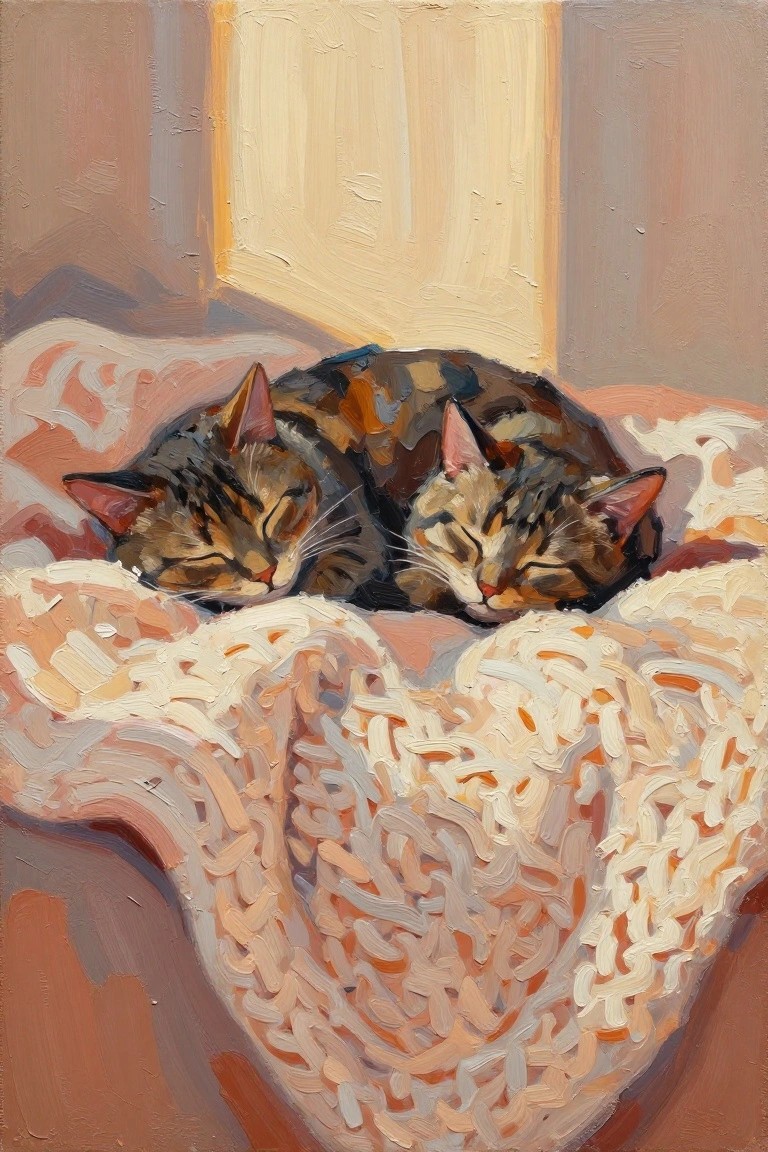 Two tabby cats sleeping on a knitted blanket in warm sunlight