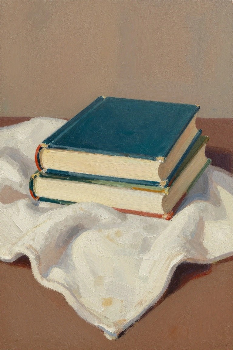 Two stacked books on rumpled white cloth, blue cover and green spine.