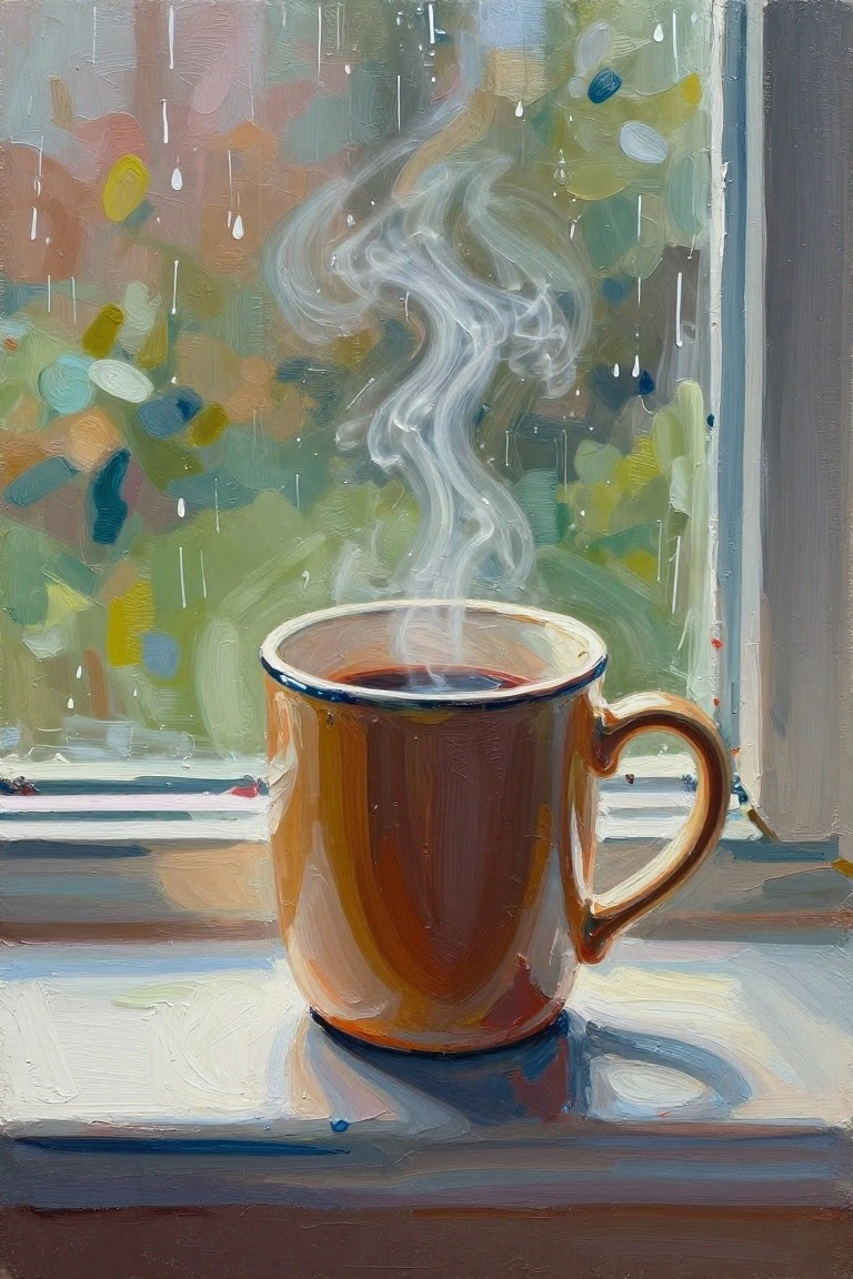 Steaming brown coffee mug on rainy windowsill with colorful blurred background
