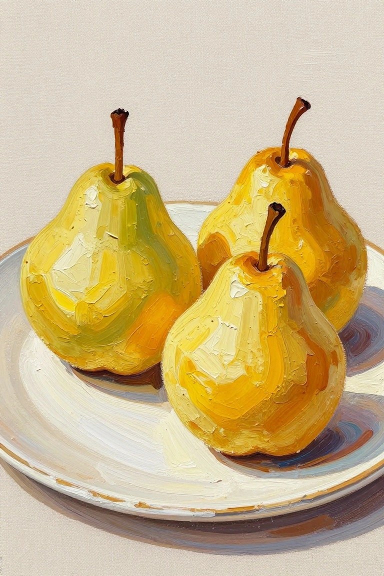 Three yellow pears with stems on a white plate, textured oil painting